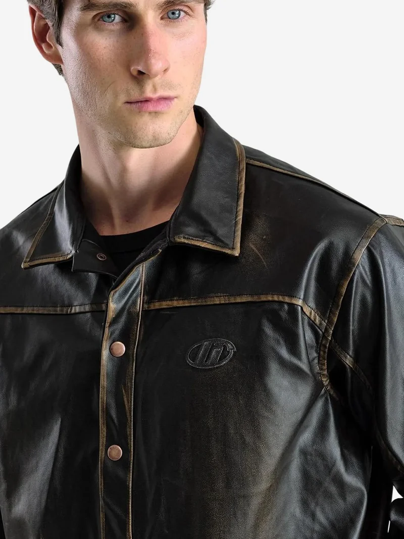Giesto Dark Mocha Brown GIESTO Regular Fit Faux Leather Shirt for Men | Best Price UAE